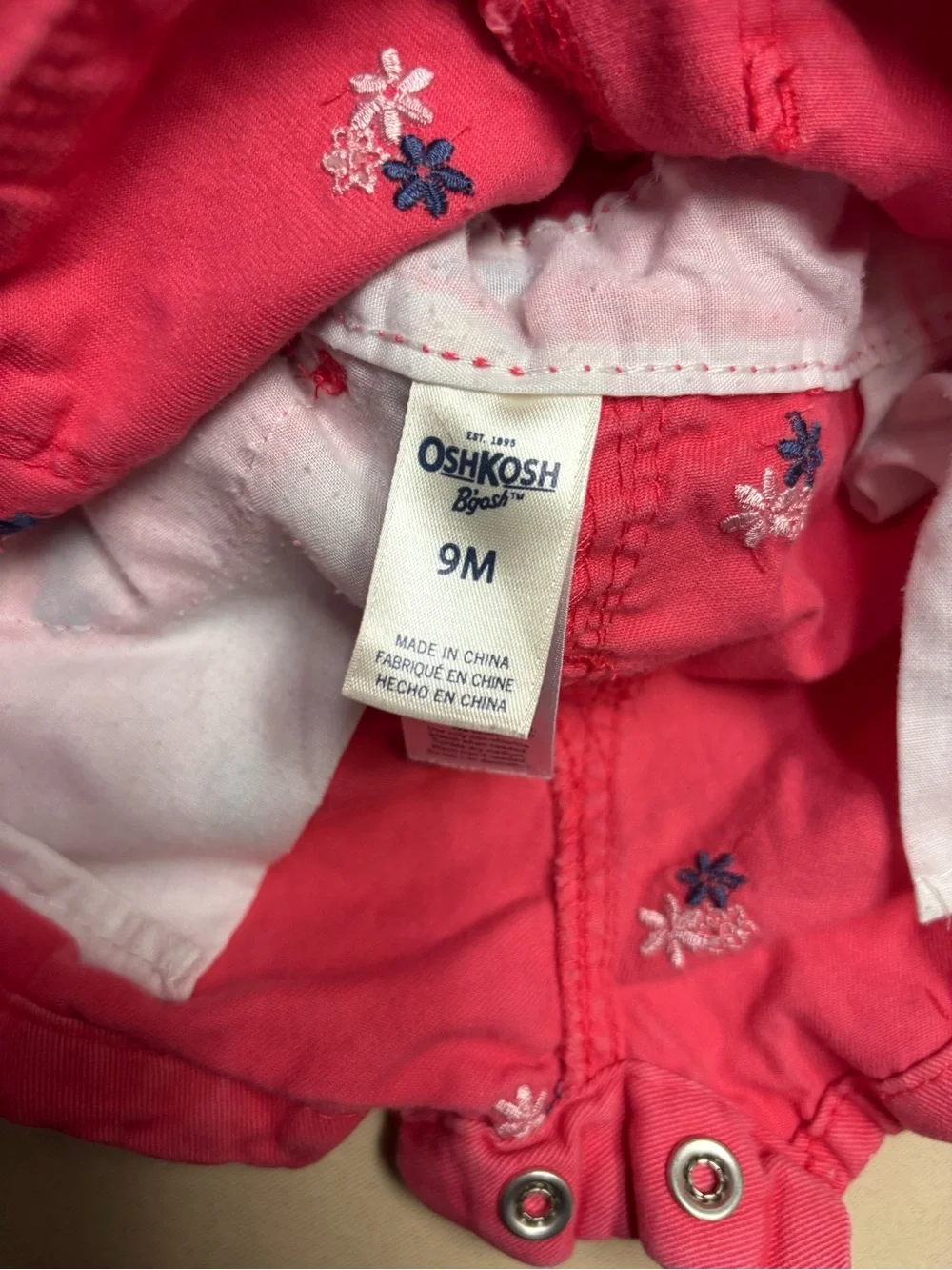 OshKosh Bgosh Baby Girl Overall Shorts 9 Months Dark Pink Flowers Embroidered
